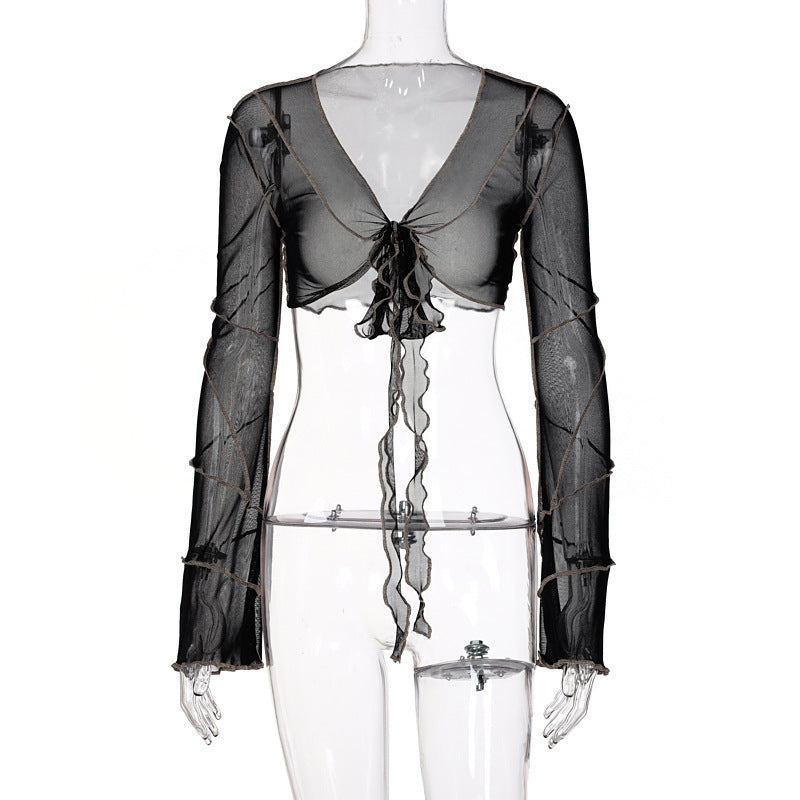 Open Navel Long-sleeved Cardigan Top T-shirt