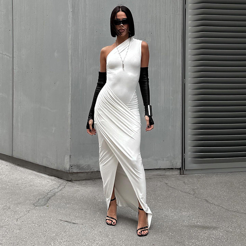 Women's Solid Color Long Dress Casual Diagonal Collar Sleeveless Slim One Shoulder Dress
