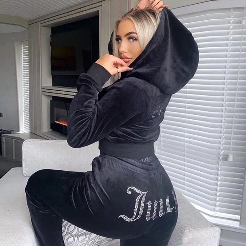 Rhinestone Korean Velvet Sports And Leisure Suit Two-piece Set