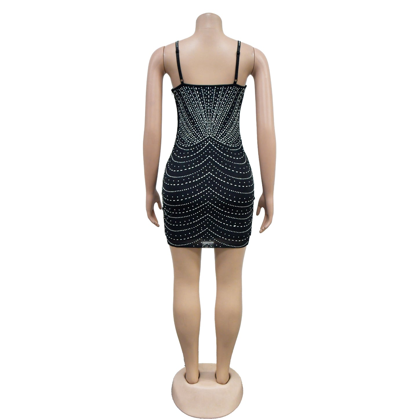 Fashion Women's Pure Color Mesh Rhinestone Strap Short Dress