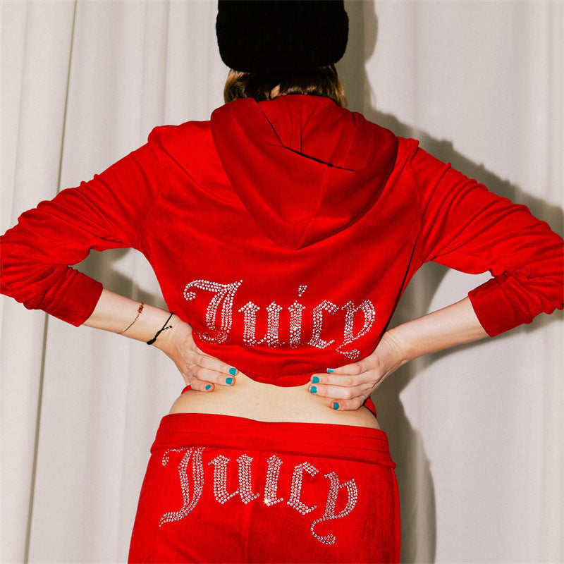 Rhinestone Korean Velvet Sports And Leisure Suit Two-piece Set