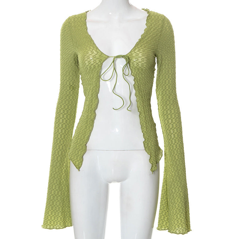Fashion Solid Color Cardigan Lace Up Flare Long Sleeve