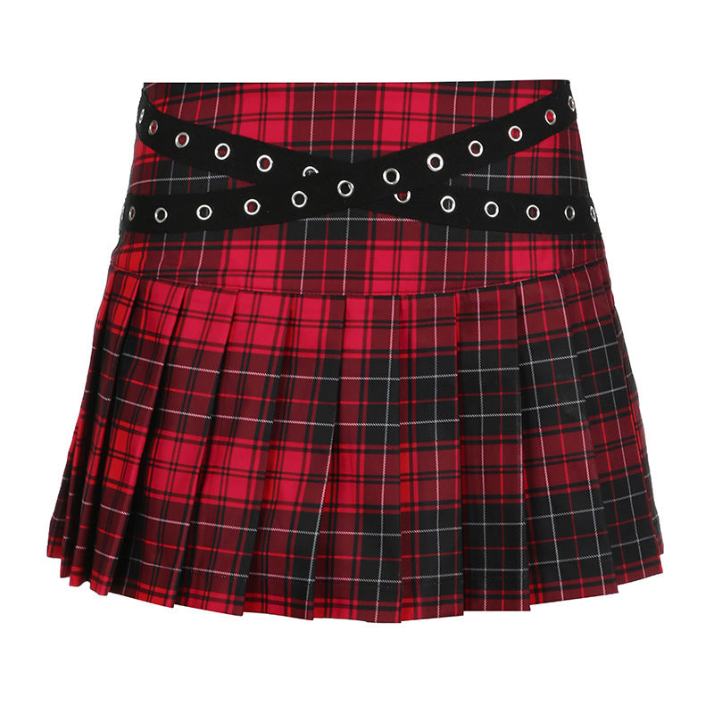 Women's Woven Belt Patchwork Plaid Pleated Skirt