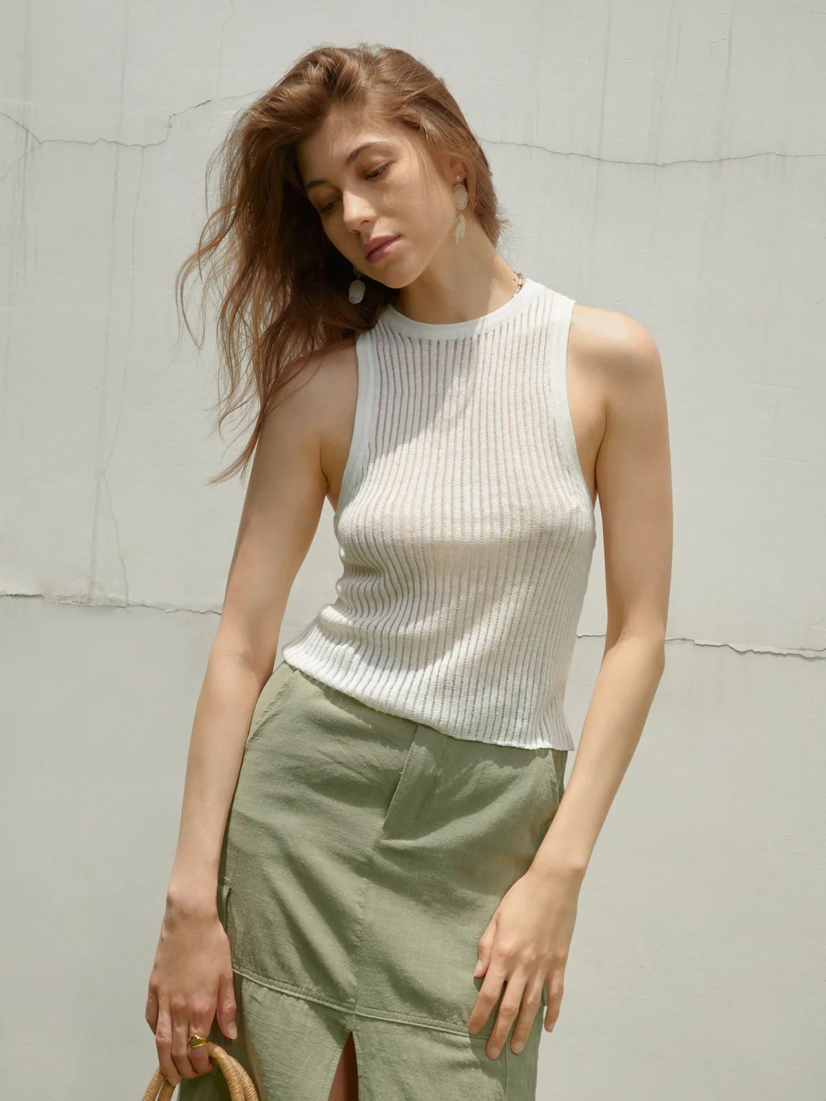 Women's Fashion Solid Color Rib Fabric Hollow Vest Slim Sleeveless Knitted Top