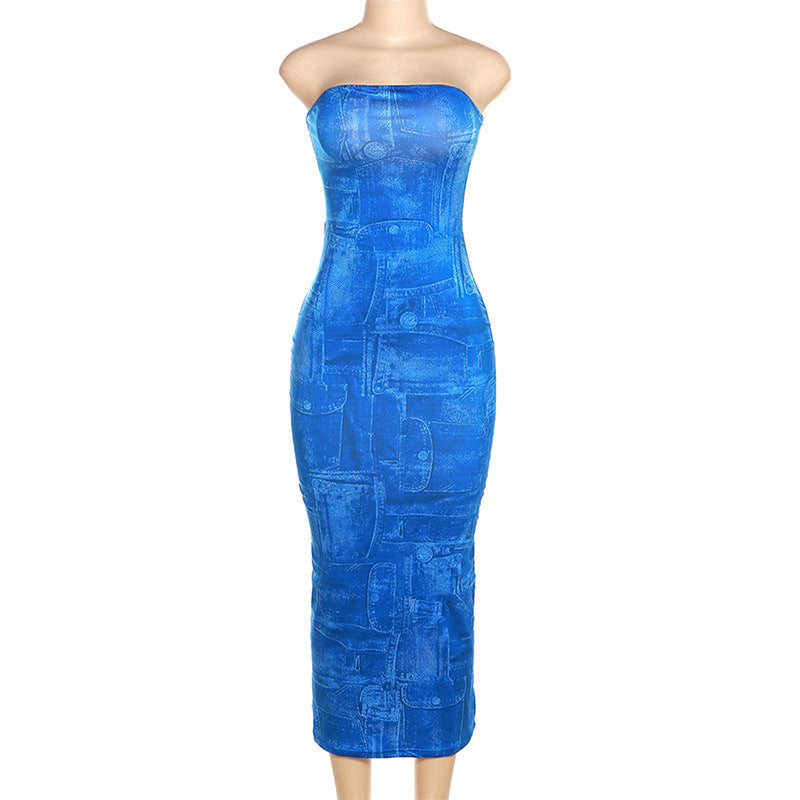 Women's Fashion 3D Denim Printing Bandeau Slim-fit Dress