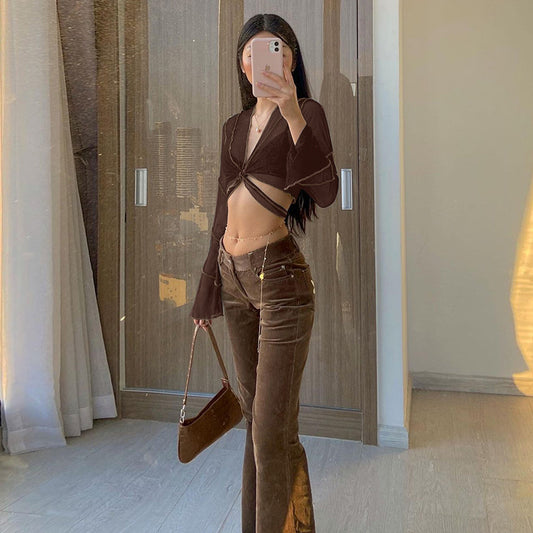 Open Navel Long-sleeved Cardigan Top T-shirt