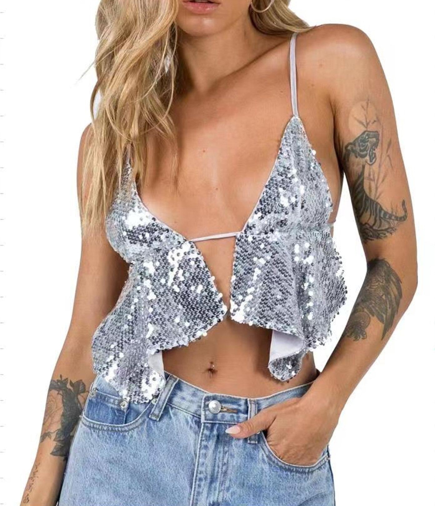 Women's V-neck Lace Up Beaded Backless Camisole Vest