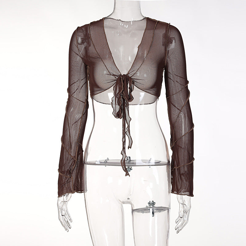Open Navel Long-sleeved Cardigan Top T-shirt