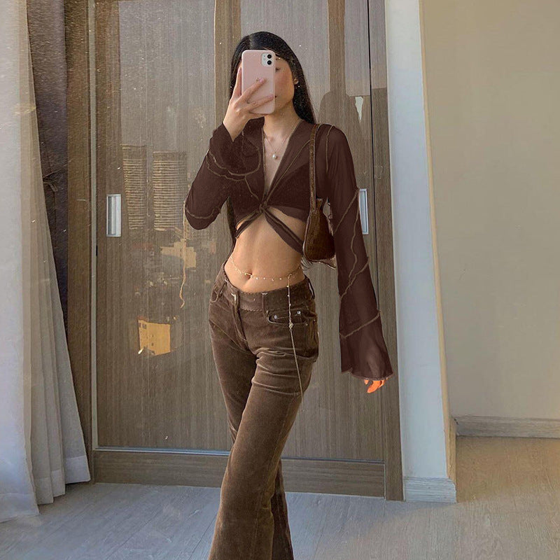 Open Navel Long-sleeved Cardigan Top T-shirt
