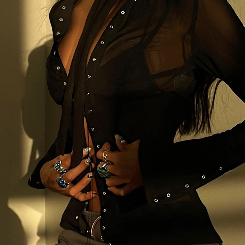 Transparent Mesh Stitching Tied Top For Women
