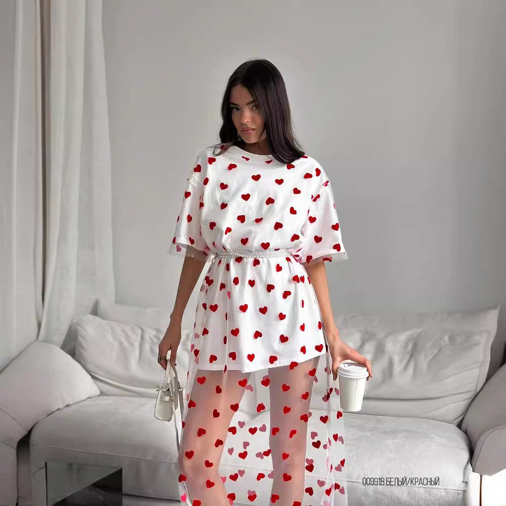 Love Mesh Stitching Mid-length T-shirt Skirt Love Crew Neck Casual Loose Dress