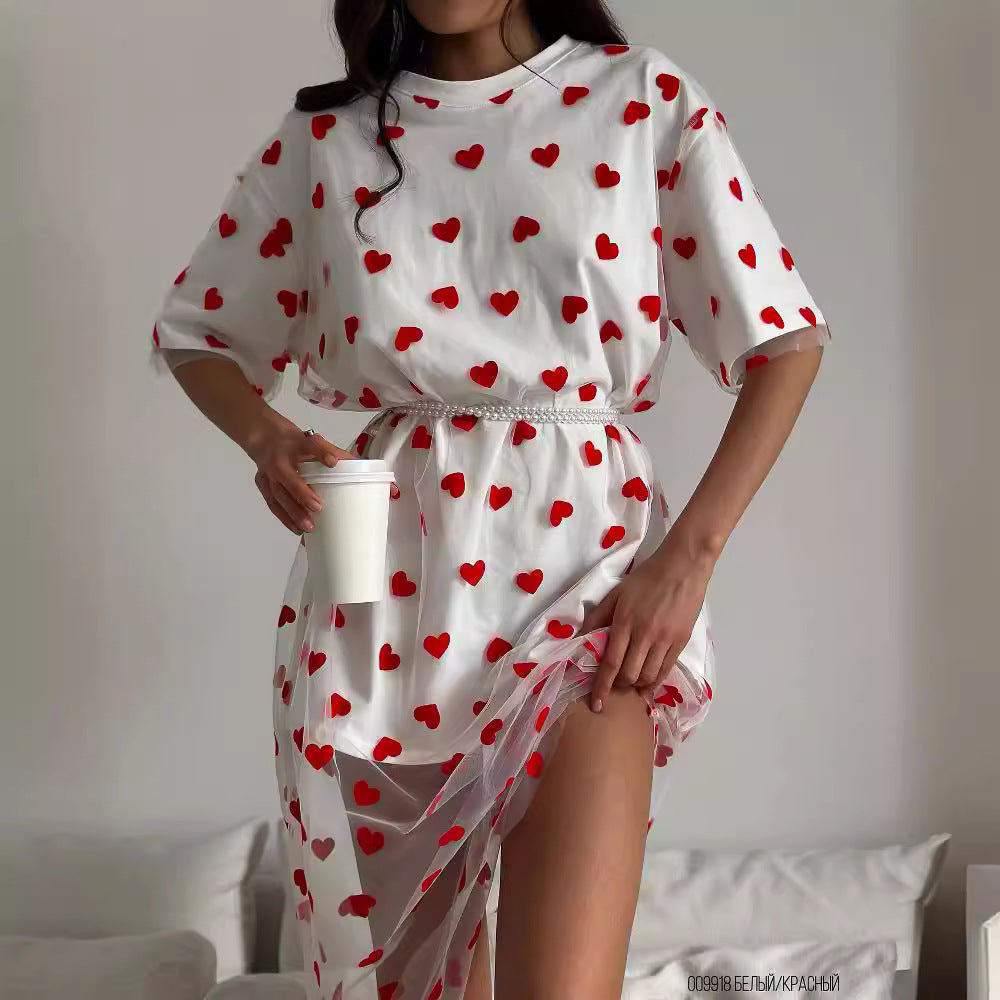 Love Mesh Stitching Mid-length T-shirt Skirt Love Crew Neck Casual Loose Dress