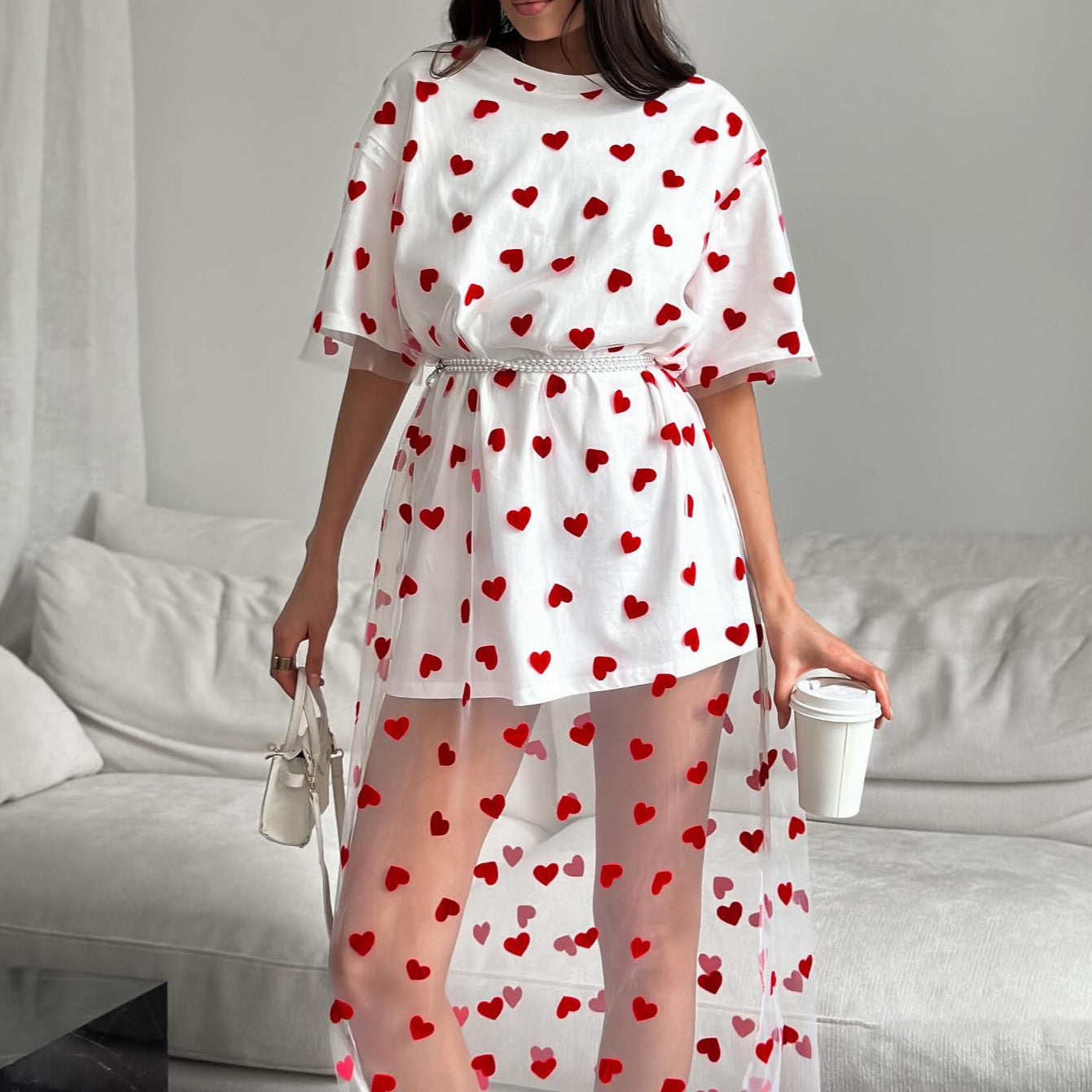 Love Mesh Stitching Mid-length T-shirt Skirt Love Crew Neck Casual Loose Dress