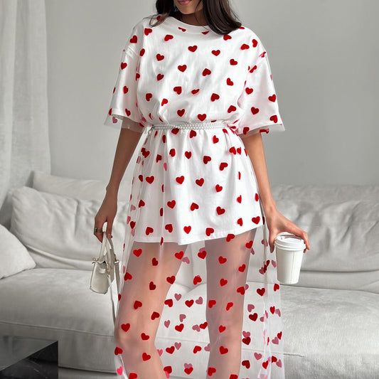 Love Mesh Stitching Mid-length T-shirt Skirt Love Crew Neck Casual Loose Dress