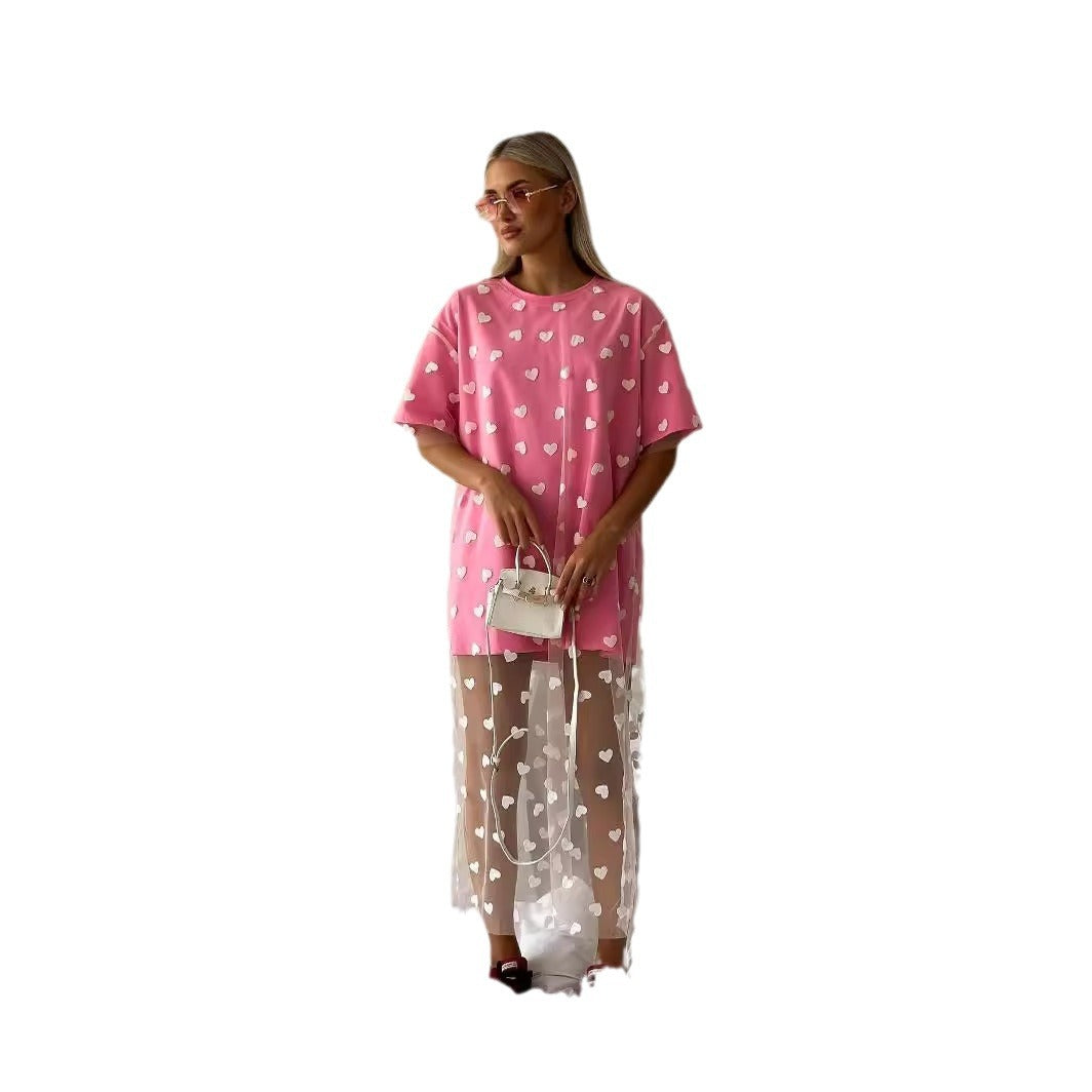Love Mesh Stitching Mid-length T-shirt Skirt Love Crew Neck Casual Loose Dress