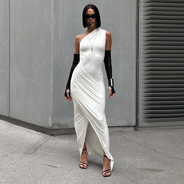 Women's Solid Color Long Dress Casual Diagonal Collar Sleeveless Slim One Shoulder Dress