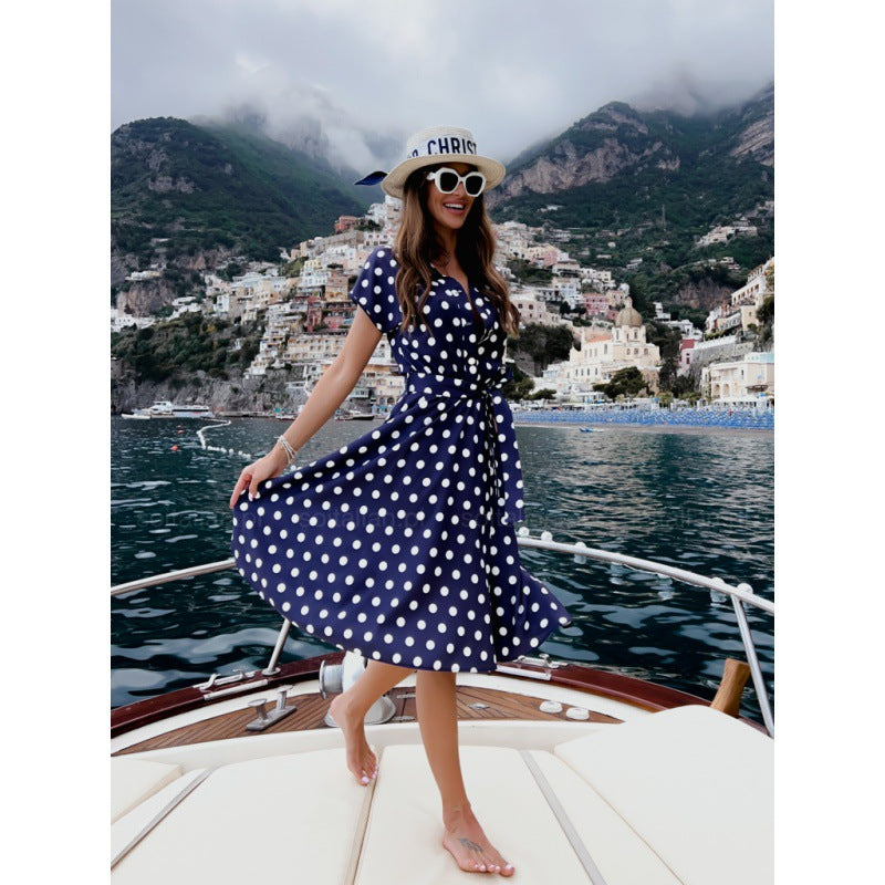 New Fashion Polka-dot Cinched Printing Dress