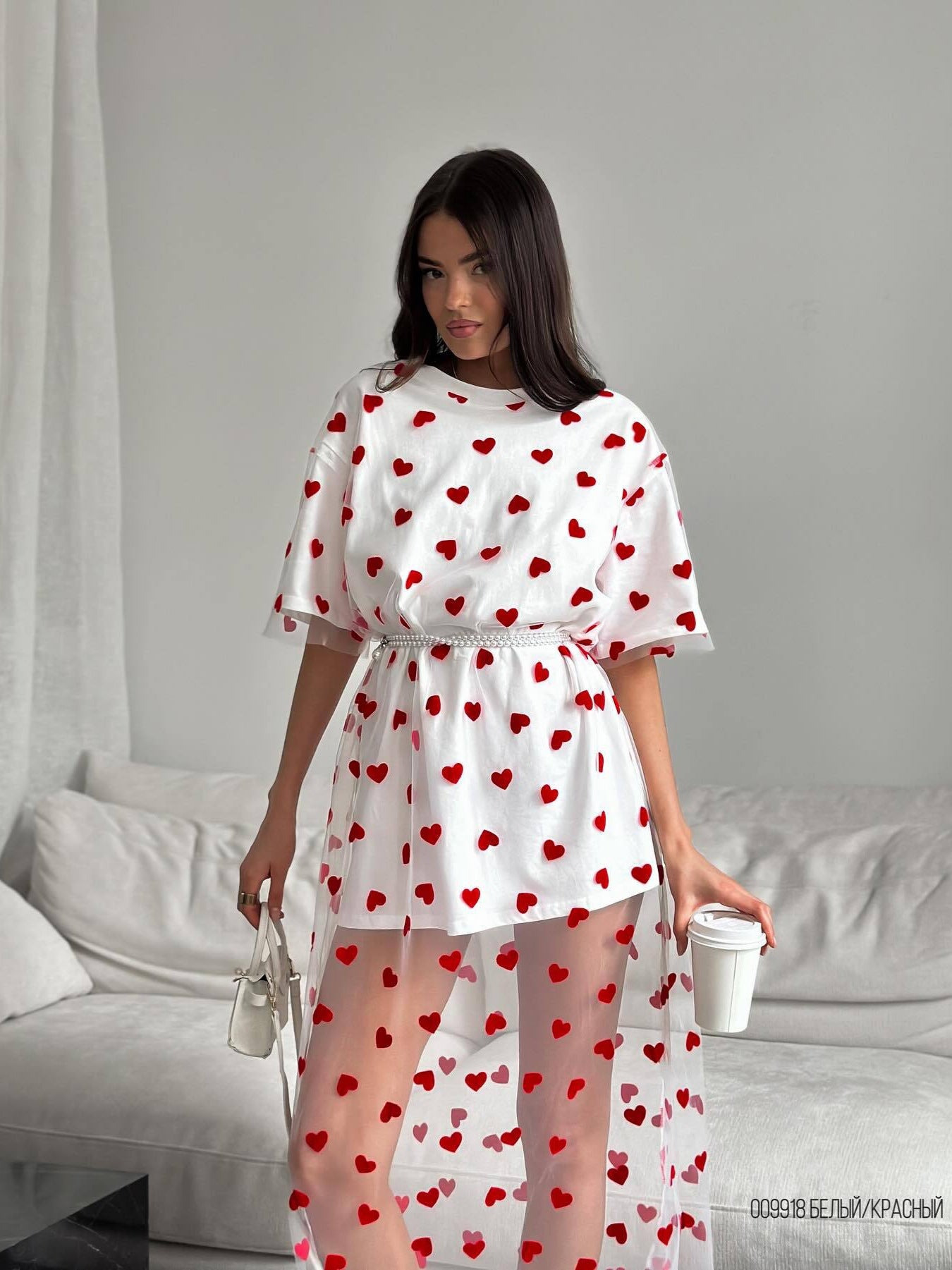 Love Mesh Stitching Mid-length T-shirt Skirt Love Crew Neck Casual Loose Dress