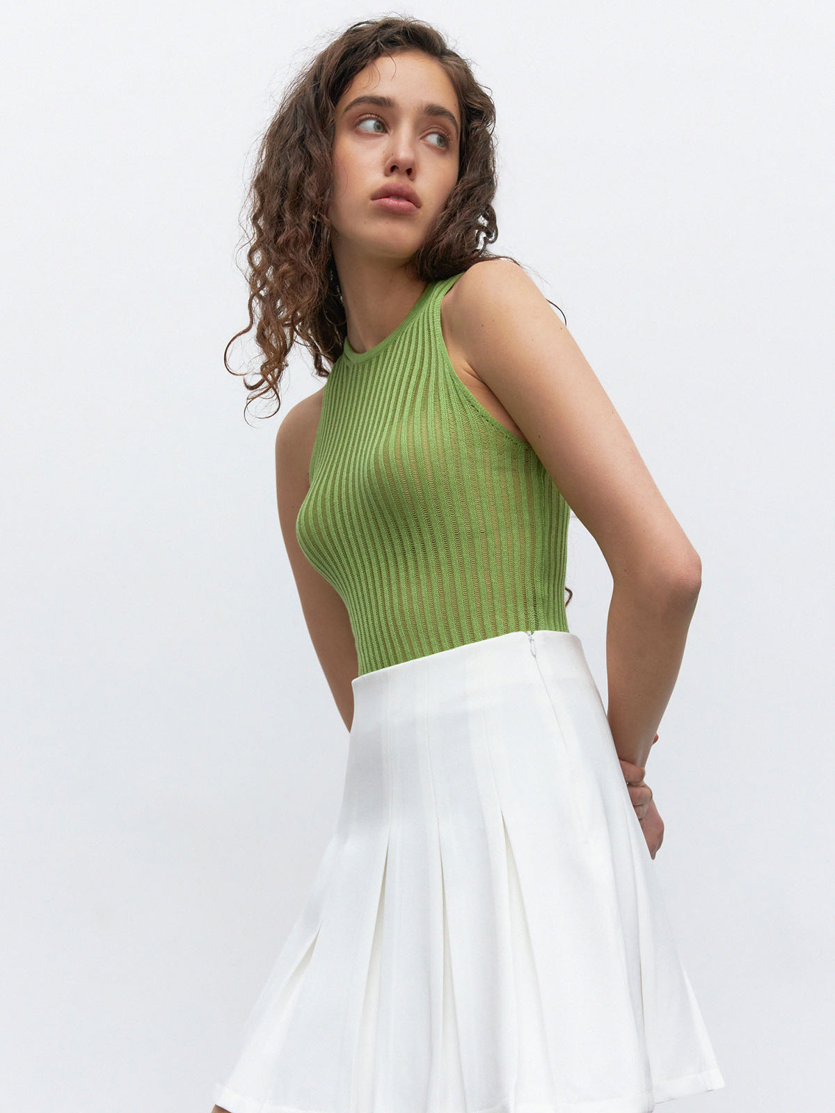 Women's Fashion Solid Color Rib Fabric Hollow Vest Slim Sleeveless Knitted Top