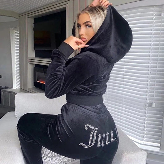 Rhinestone Korean Velvet Sports And Leisure Suit Two-piece Set