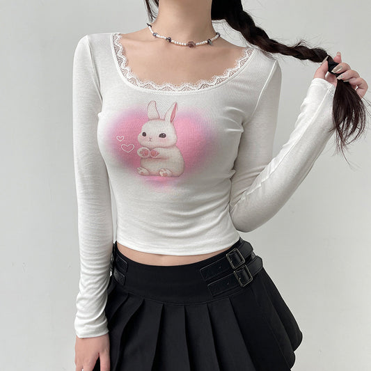 Cotton Knitted Cute Rabbit Printed Lace Stitching Square Neck T-shirt Slim Knit Bottoming Shirt Top