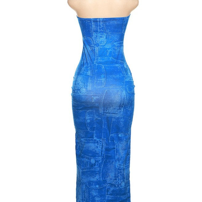 Women's Fashion 3D Denim Printing Bandeau Slim-fit Dress