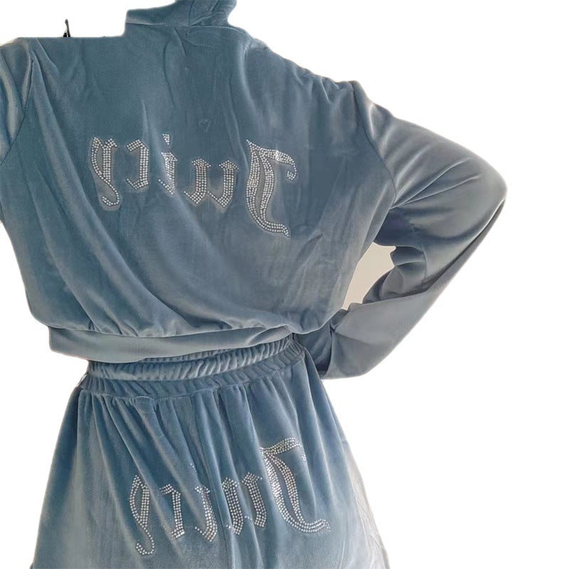 Rhinestone Korean Velvet Sports And Leisure Suit Two-piece Set